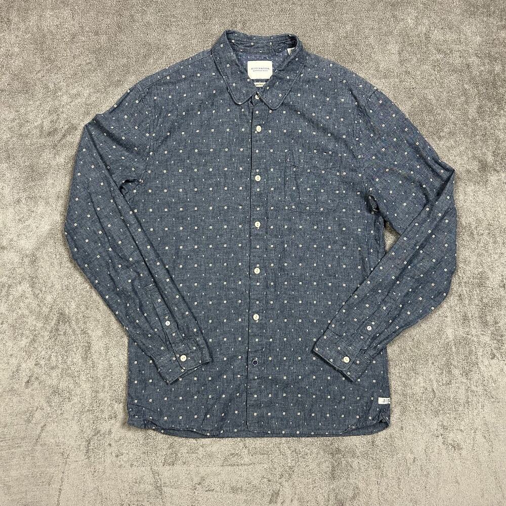 Scotch & Soda Shirt Mens Chambray Button Up Large Blue Linen Blend Casual Abstra